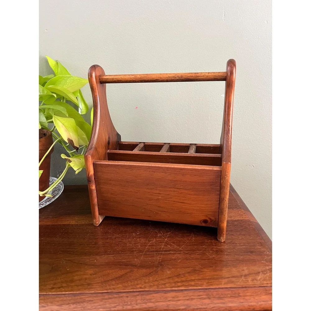 Vintage Teak Desk Organizer Utensil Holder Wooden Caddy